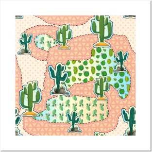 cactus pattern with triangle shapes. Colored polka dots background Posters and Art